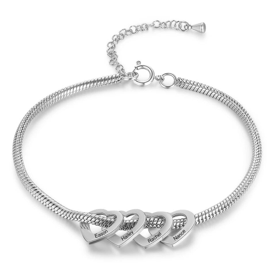 Personalised Mum Heart Charm Bracelet with Engraved Children’s Names – Custom Family Gift