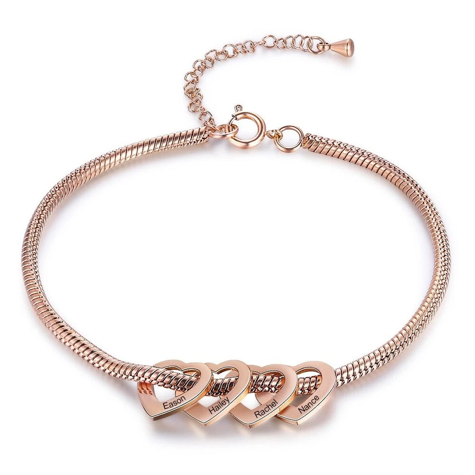 Personalised Mum Heart Charm Bracelet with Engraved Children’s Names – Custom Family Gift