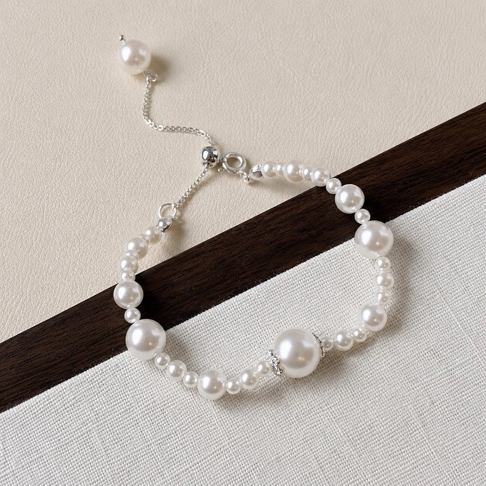 Elegant Pearl Beaded Bracelet for Women – Adjustable Silver-Tone Jewellery