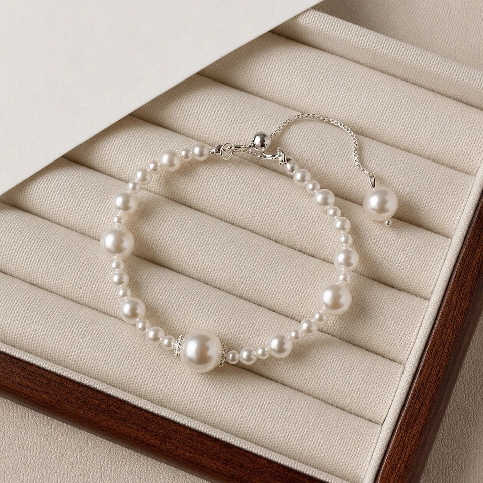 Elegant Pearl Beaded Bracelet for Women – Adjustable Silver-Tone Jewellery