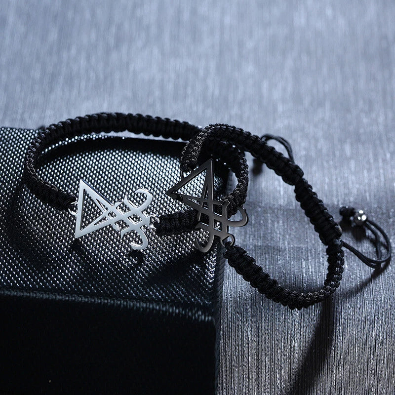 Men’s Lucifer Sigil Bracelet – Adjustable Black Braided Rope Occult Symbol Cuff