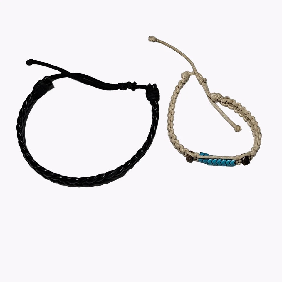 2-Piece Unisex Friendship Bracelet Set – Braided Leather-Look & Woven Beaded Bracelets