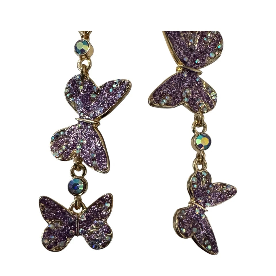 Betsey Johnson Purple Butterfly Mismatched Dangle Earrings – Lavender Crystal Statement Jewellery