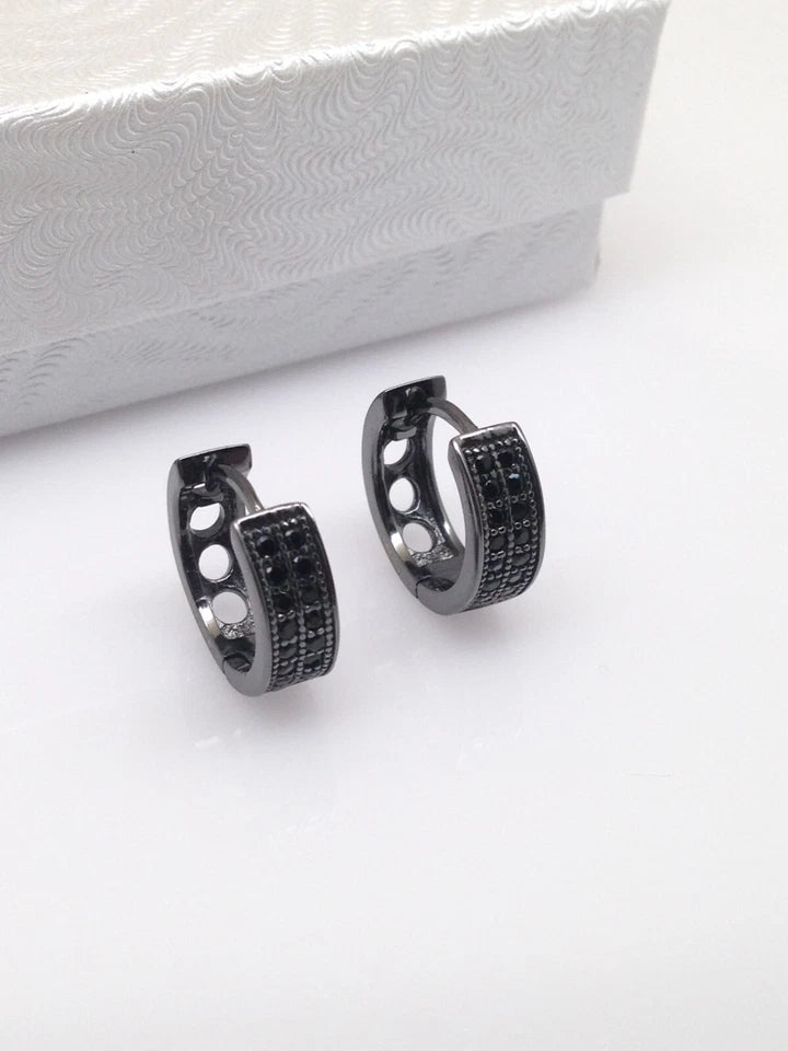925 Sterling Silver Black Onyx Huggie Hoop Earrings – 13mm Unisex Jewellery