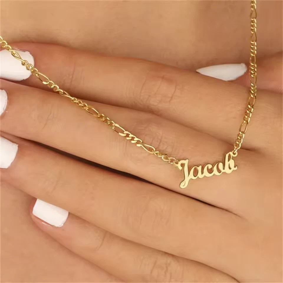 Personalized Cursive Name Necklace with Figaro Chain – Stainless Steel