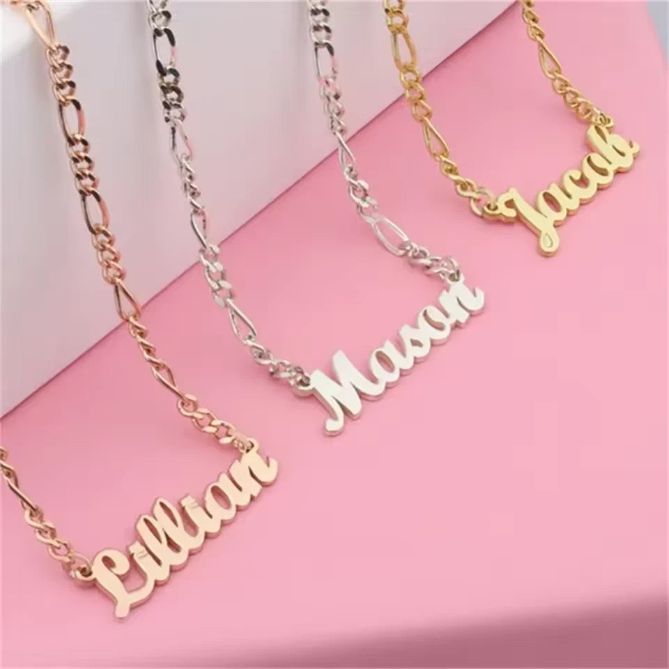 Personalized Cursive Name Necklace with Figaro Chain – Stainless Steel