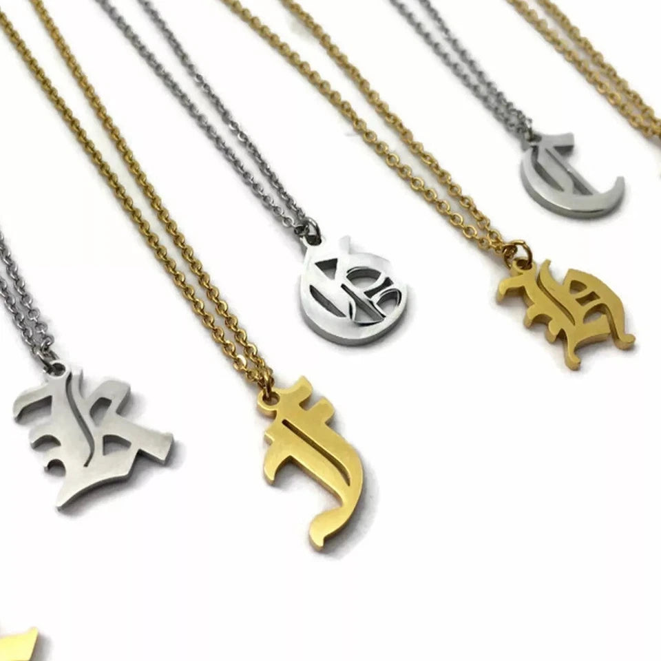 Gothic Initial Necklace – Stainless Steel Old English Letter Pendant in Gold or Silver