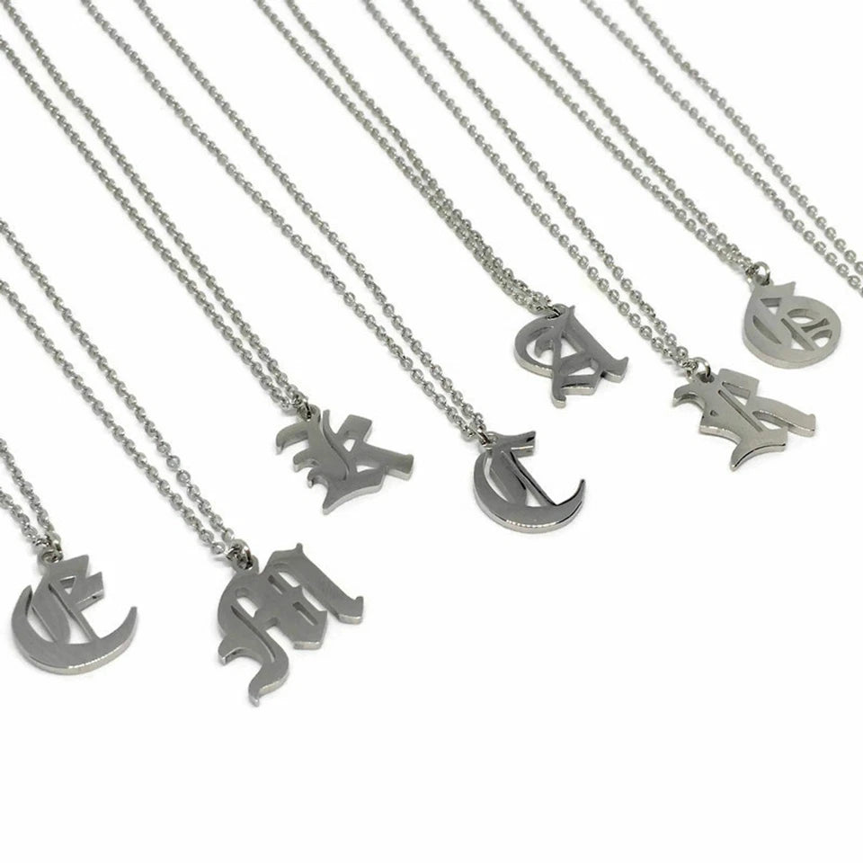 Gothic Initial Necklace – Stainless Steel Old English Letter Pendant in Gold or Silver