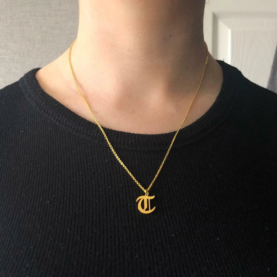 Gothic Initial Necklace – Stainless Steel Old English Letter Pendant in Gold or Silver