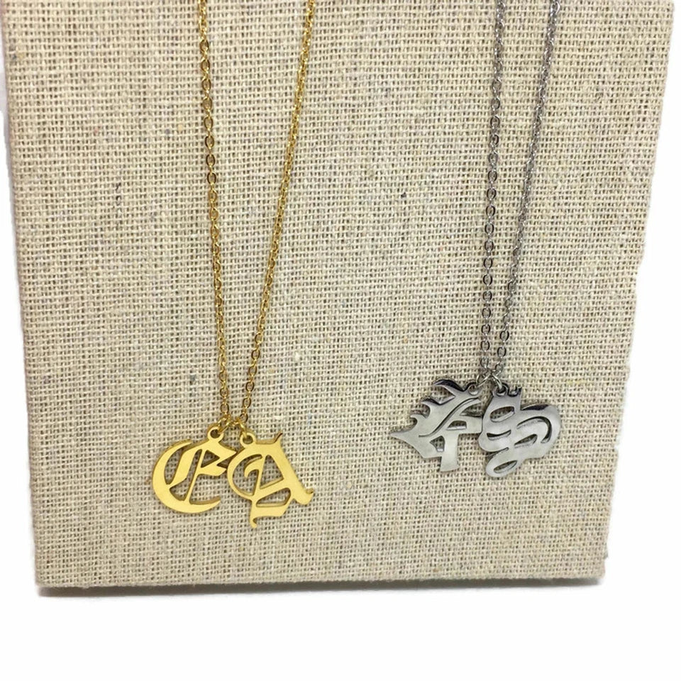 Gothic Initial Necklace – Stainless Steel Old English Letter Pendant in Gold or Silver