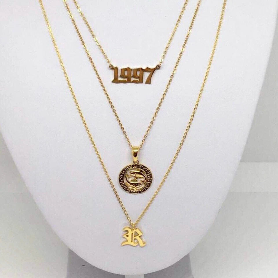 Gothic Initial Necklace – Stainless Steel Old English Letter Pendant in Gold or Silver
