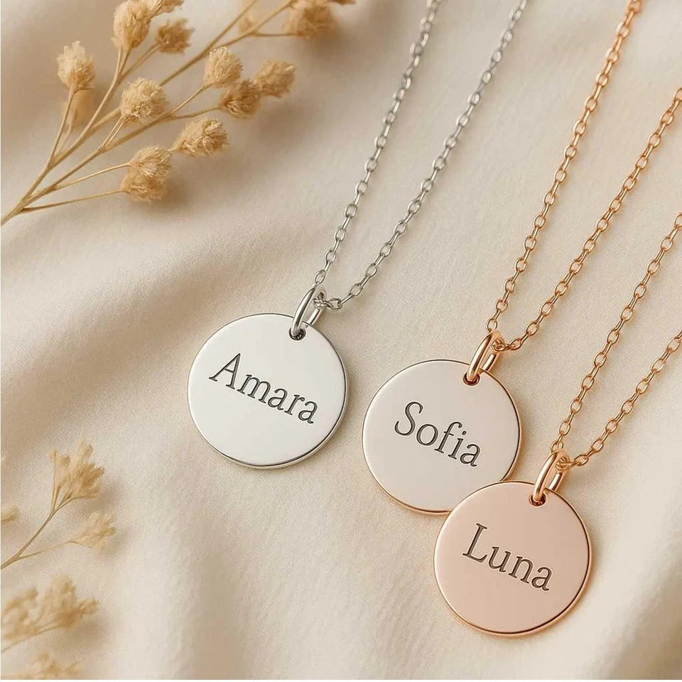 Personalised Engraved Disc Necklace – Custom Name, Initial, Date or Message Pendant