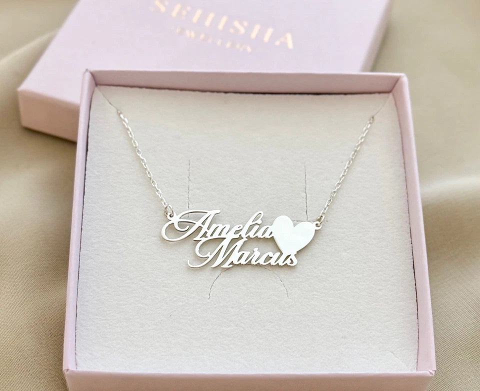 Personalised Double Name Necklace with Heart – 925 Sterling Silver