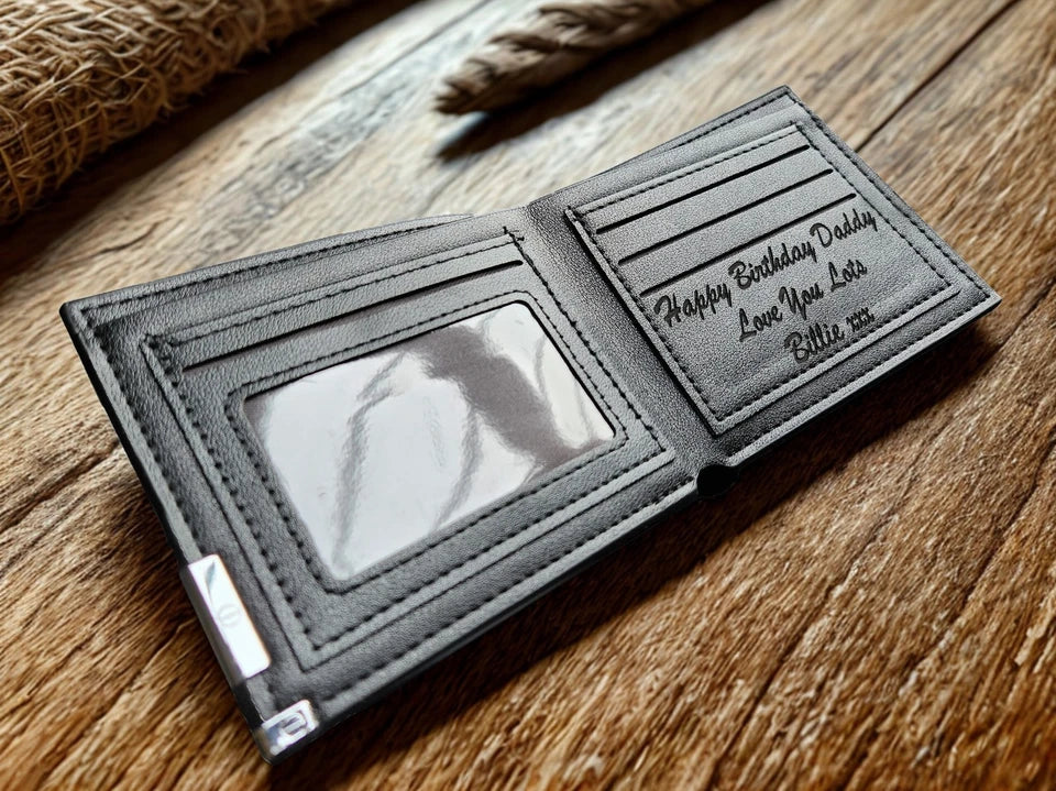 Personalised Engraved Leather Wallet for Men – Slim Black Wallet with Gift Box