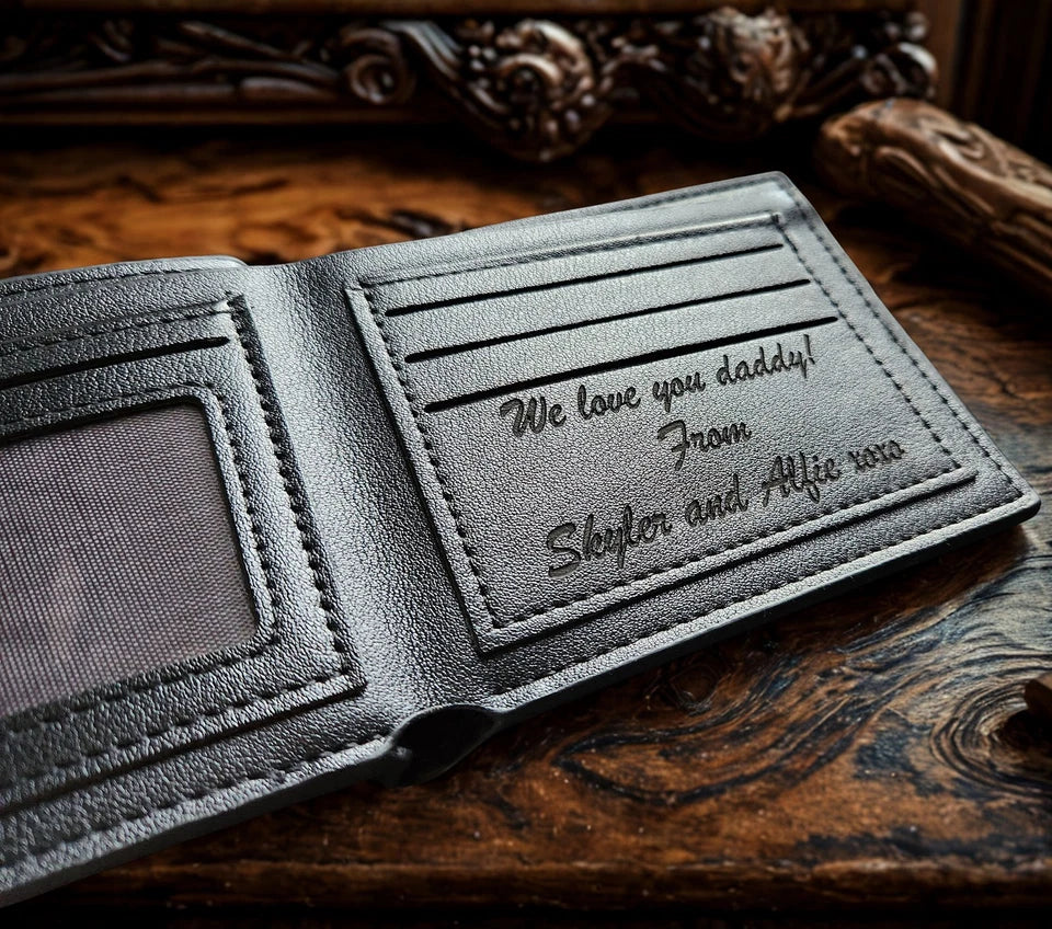 Personalised Engraved Leather Wallet for Men – Slim Black Wallet with Gift Box