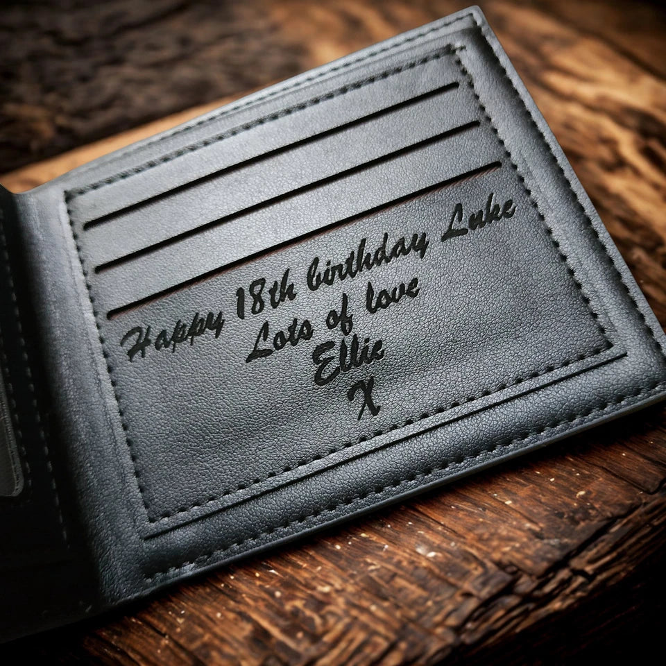 Personalised Engraved Leather Wallet for Men – Slim Black Wallet with Gift Box
