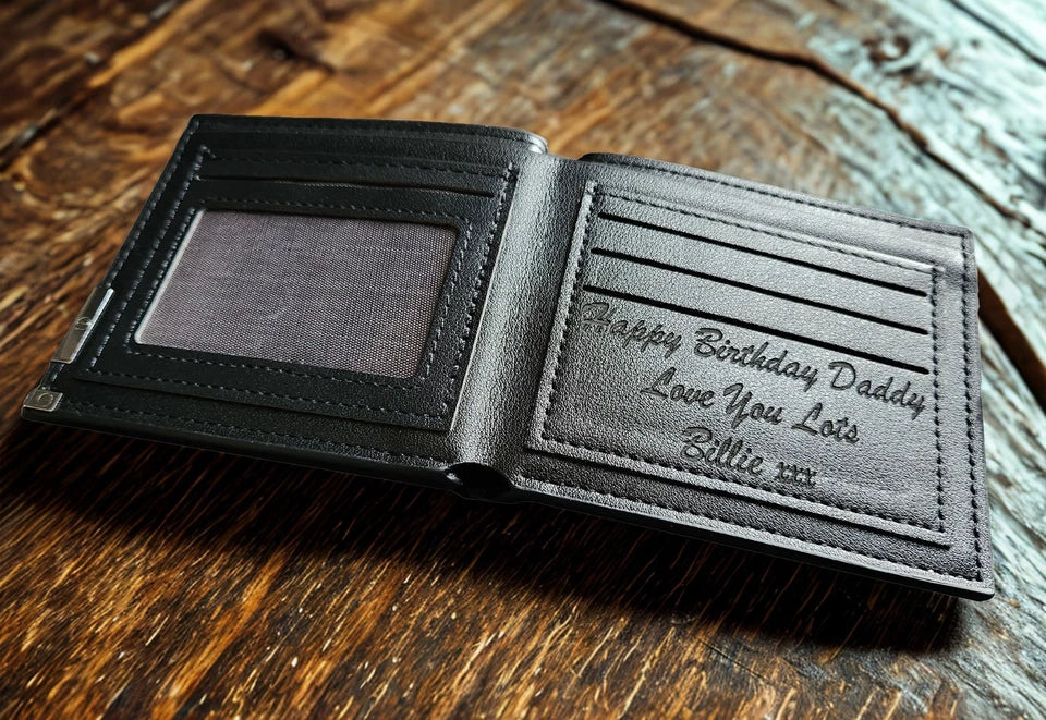 Personalised Engraved Leather Wallet for Men – Slim Black Wallet with Gift Box