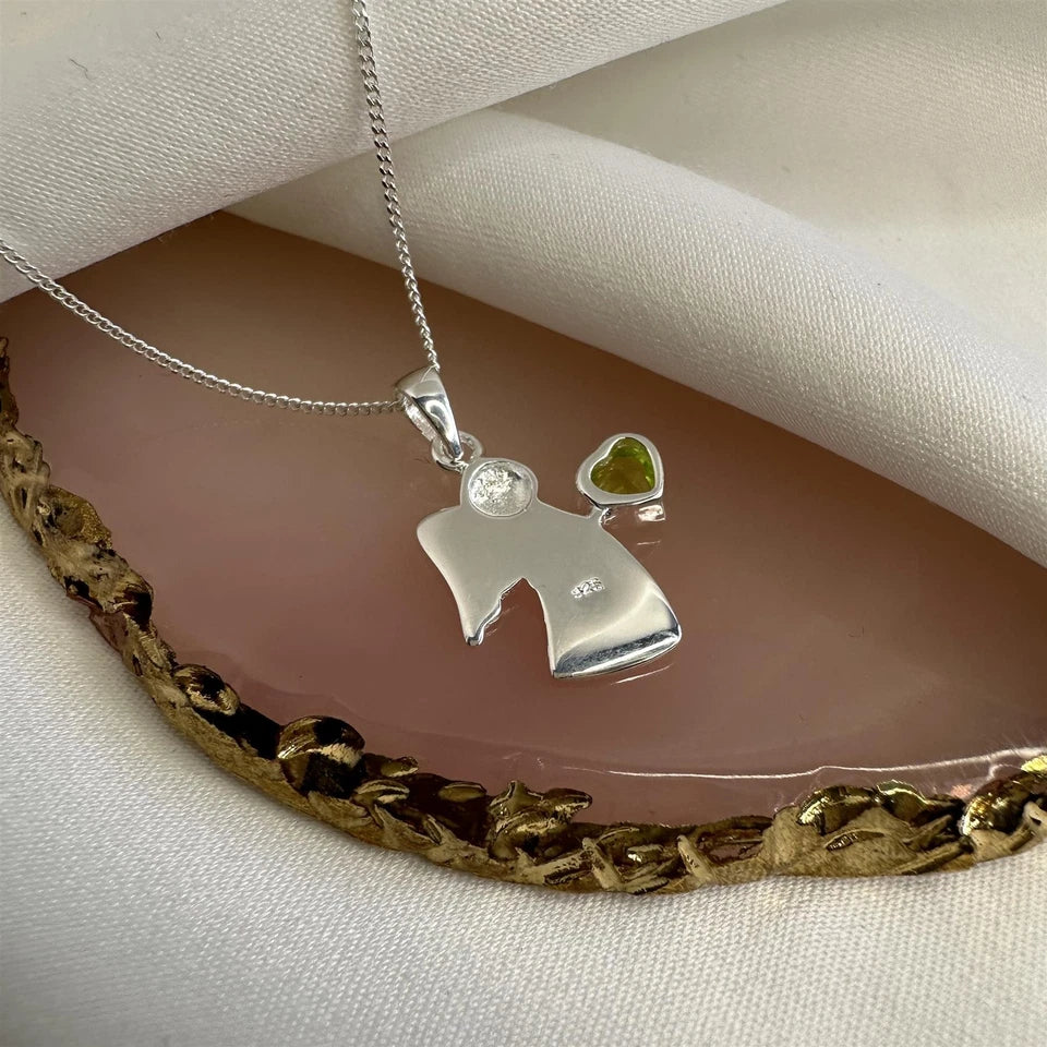 Sterling Silver Angel Necklace with Peridot CZ Birthstone – 14–32 Inch Chain