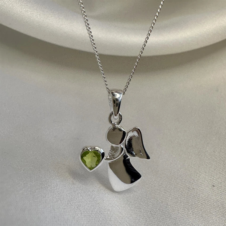 Sterling Silver Angel Necklace with Peridot CZ Birthstone – 14–32 Inch Chain