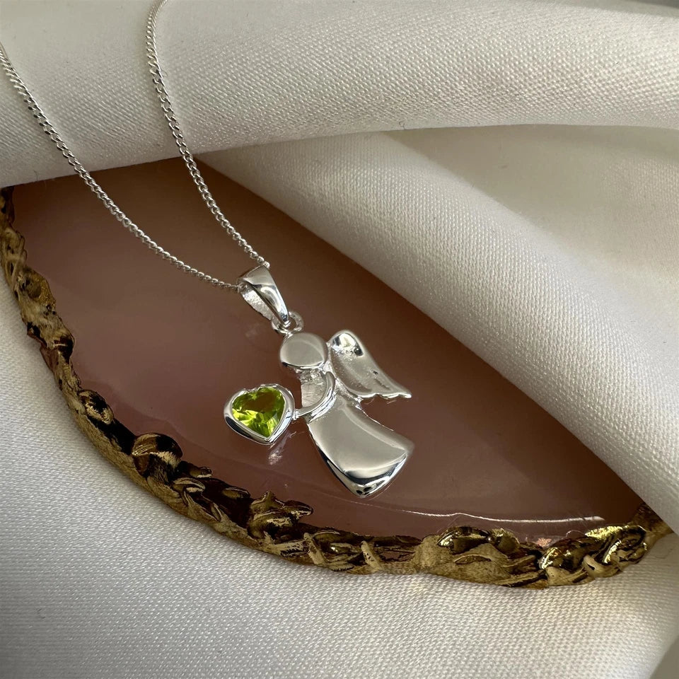 Sterling Silver Angel Necklace with Peridot CZ Birthstone – 14–32 Inch Chain