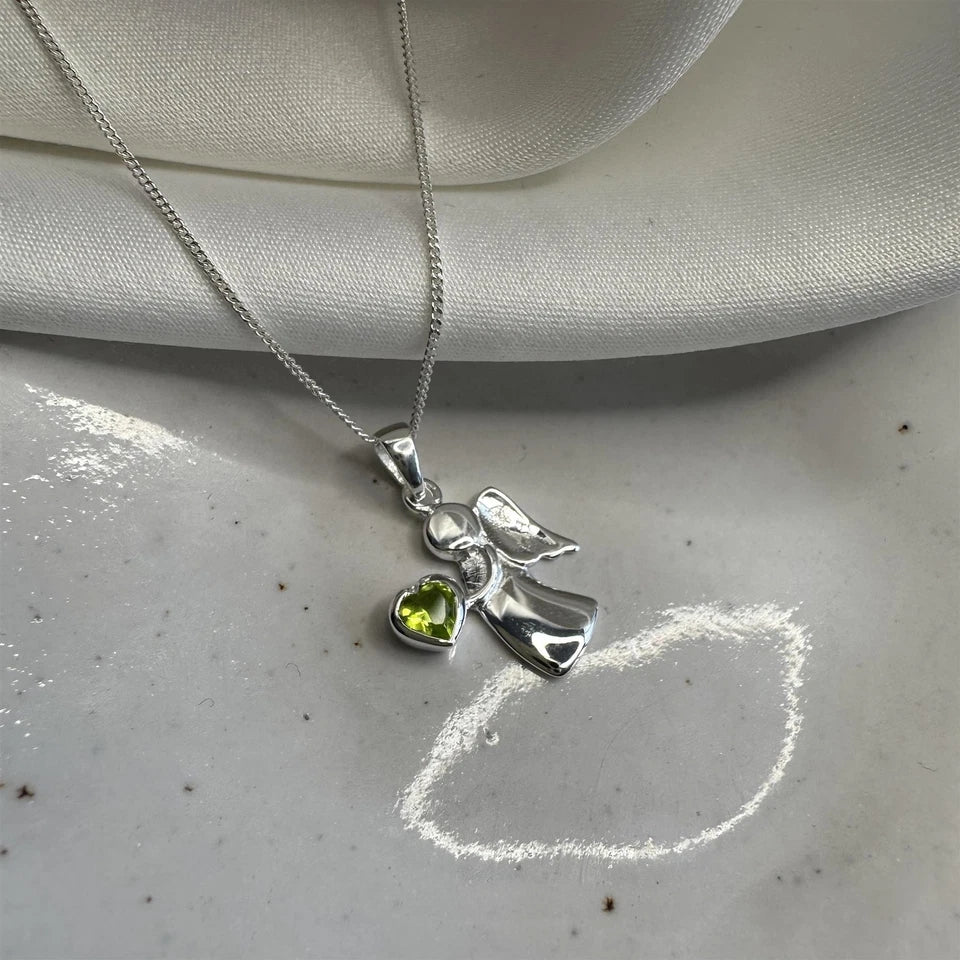 Sterling Silver Angel Necklace with Peridot CZ Birthstone – 14–32 Inch Chain