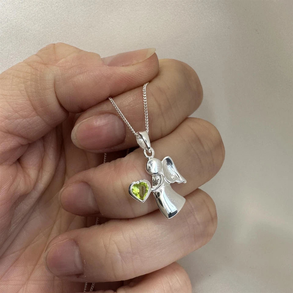 Sterling Silver Angel Necklace with Peridot CZ Birthstone – 14–32 Inch Chain