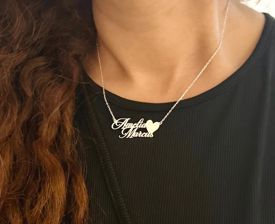 Personalised Double Name Necklace with Heart – 925 Sterling Silver