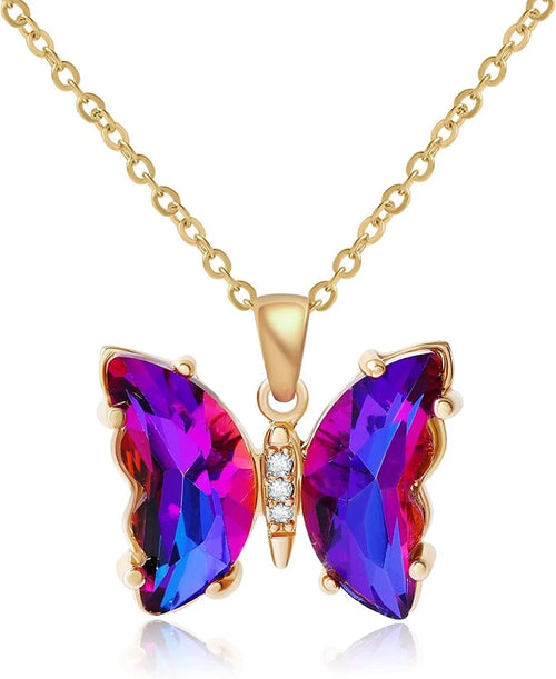 Gold-Tone Purple Crystal Butterfly Necklace – Statement Pendant Gift for Her