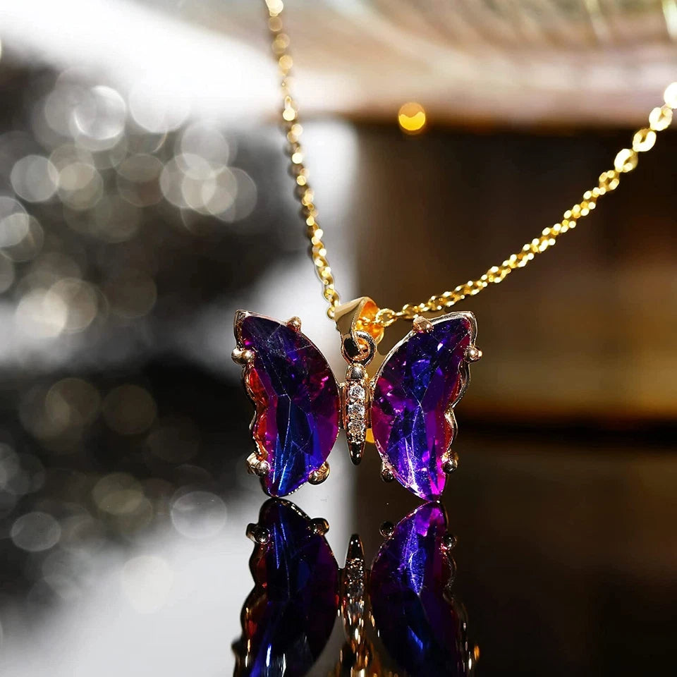 Gold-Tone Purple Crystal Butterfly Necklace – Statement Pendant Gift for Her