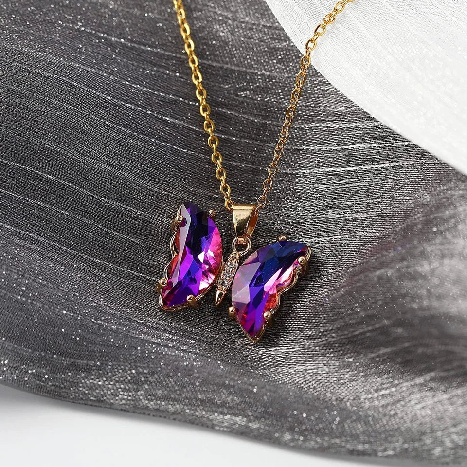 Gold-Tone Purple Crystal Butterfly Necklace – Statement Pendant Gift for Her