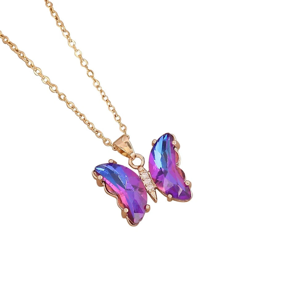 Gold-Tone Purple Crystal Butterfly Necklace – Statement Pendant Gift for Her