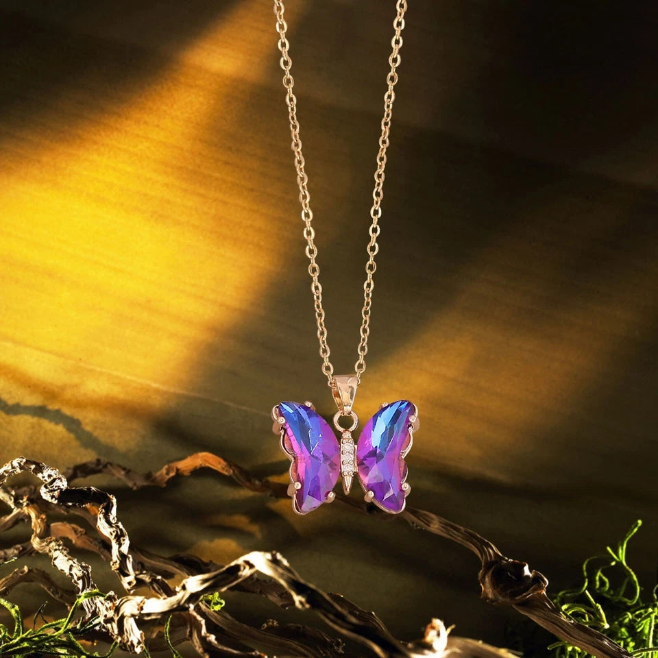 Gold-Tone Purple Crystal Butterfly Necklace – Statement Pendant Gift for Her