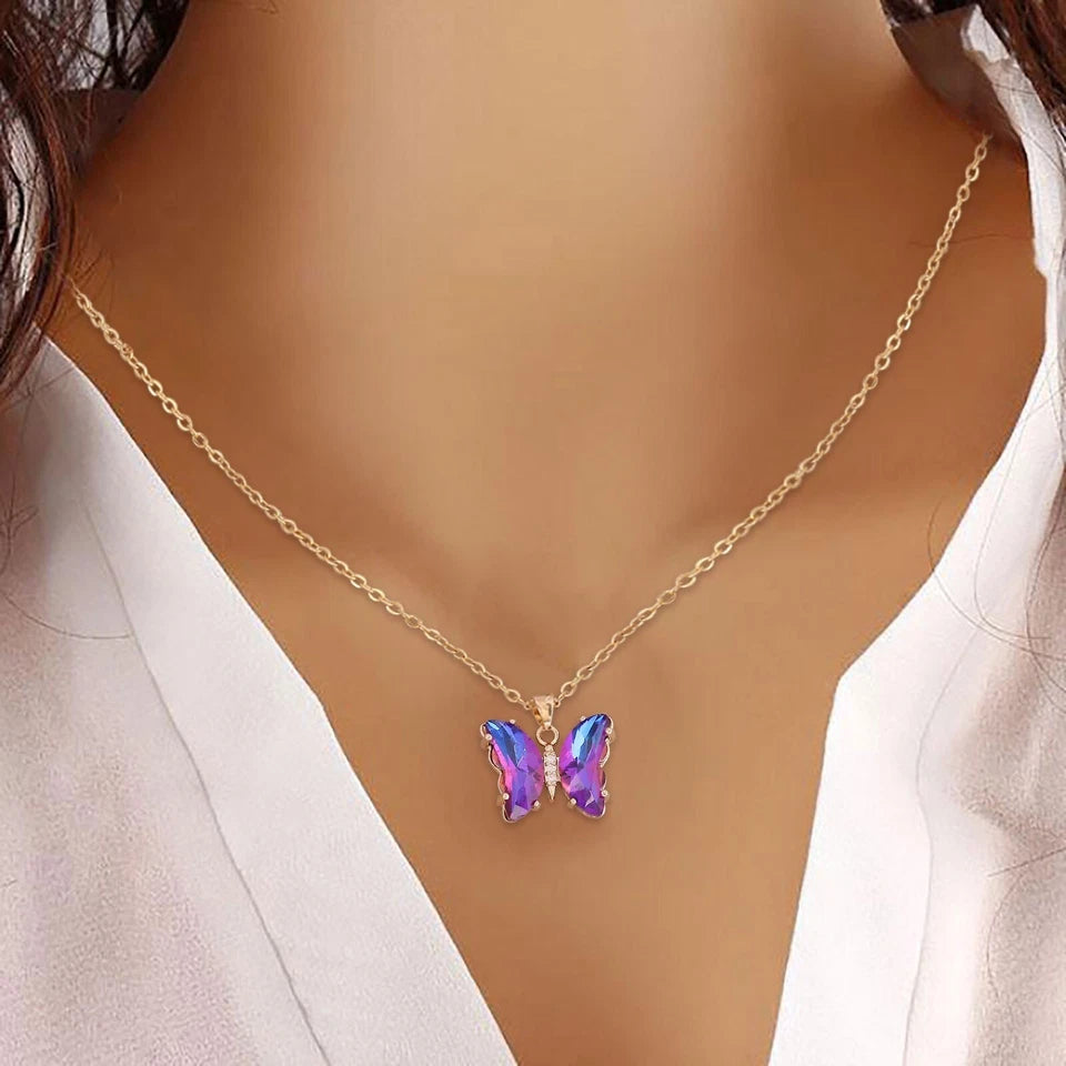 Gold-Tone Purple Crystal Butterfly Necklace – Statement Pendant Gift for Her