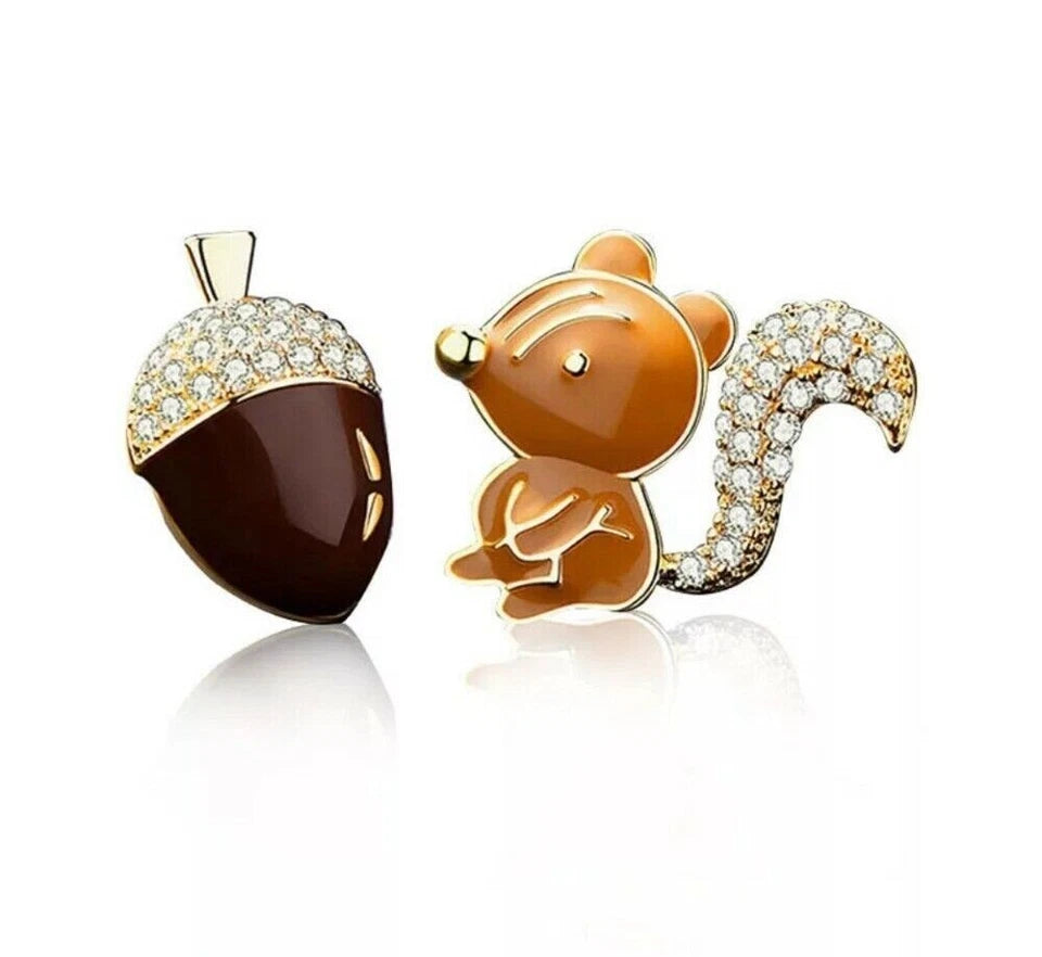 Mismatched Squirrel & Acorn Stud Earrings – Gold-Tone Crystal Woodland Jewellery