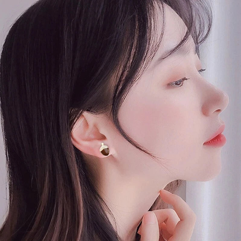 Mismatched Squirrel & Acorn Stud Earrings – Gold-Tone Crystal Woodland Jewellery