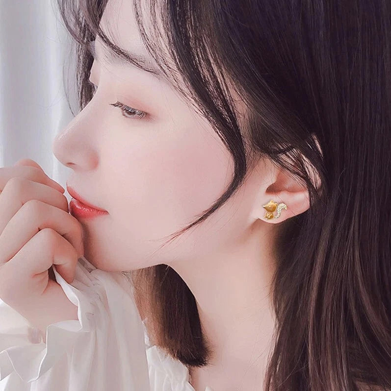 Mismatched Squirrel & Acorn Stud Earrings – Gold-Tone Crystal Woodland Jewellery