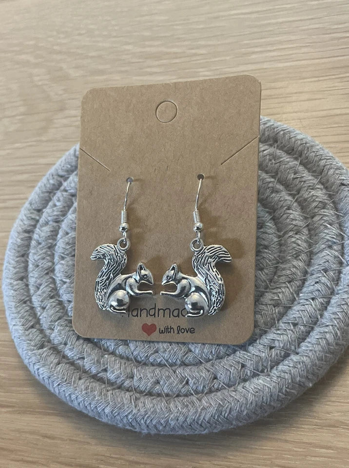 Squirrel Drop Earrings with Sterling Silver Hooks – Tibetan Silver Woodland Jewellery